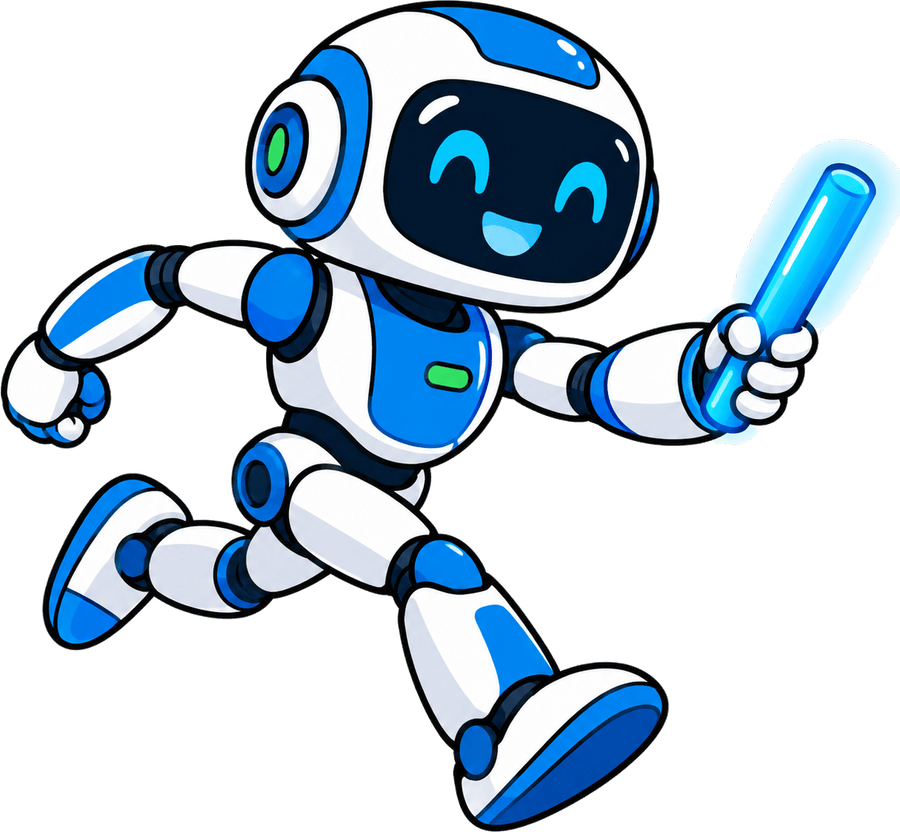 Baton, a friendly blue-and-white robot, running with a glowing relay baton